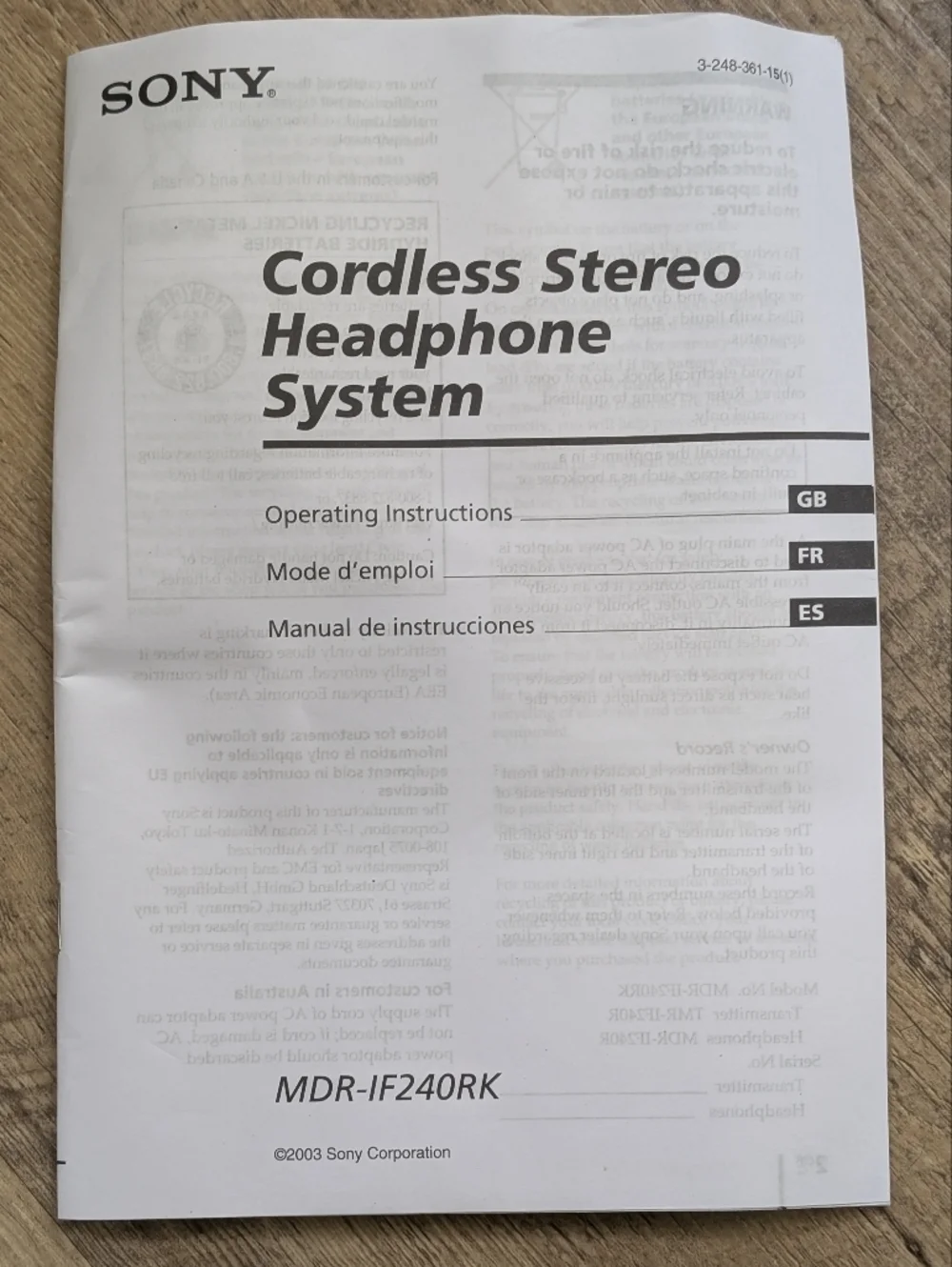 SONY MDR-IF240R CORDLESS STEREO HEADPHONES + CABLES + TMR-IF240R TRANSMITTER